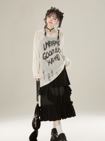 Damaged Knit Logo Round Neck Sheer