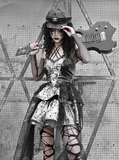 PUサスペンダーパンクホルターネックメッシュメタリックオフショルダーチュール+トップドレスシアー