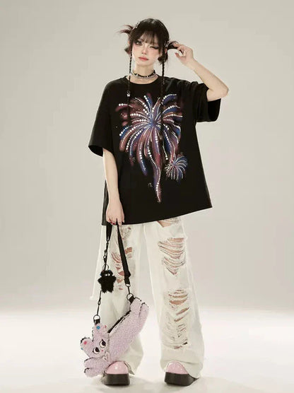 Loose T-shirt Fireworks Black Print