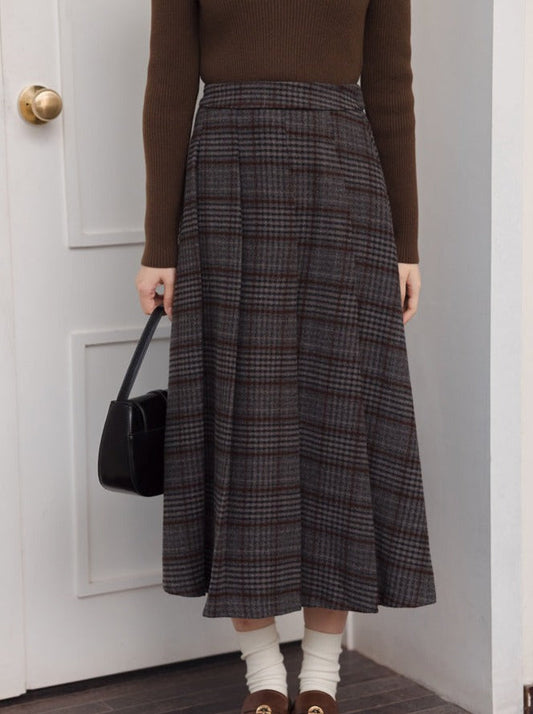 Grauer Rock Karo Plissee Lang Retro