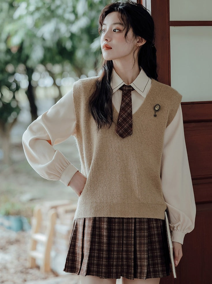 Vest College Skirt Colored Checked Knit Retro Shirt