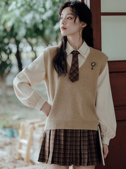Vest College Skirt Colored Checked Knit Retro Shirt