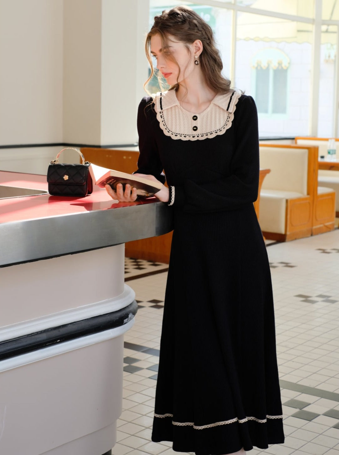 スプライシングブラックフレンチロングドレスラペルクイーンセレナーデニットクラシック