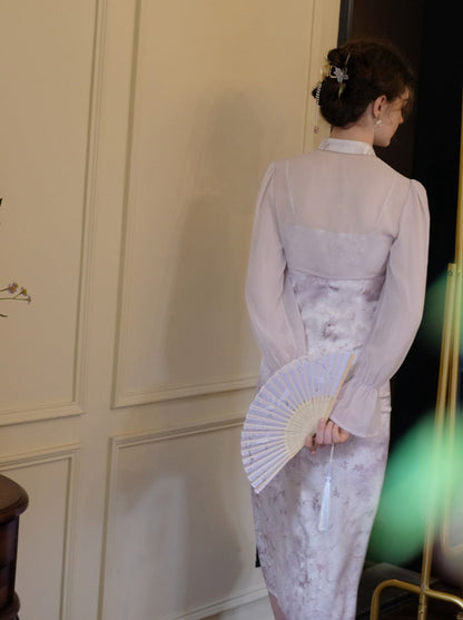 レトロなパープルフラワーのシアードレスカーディガンチャイナ