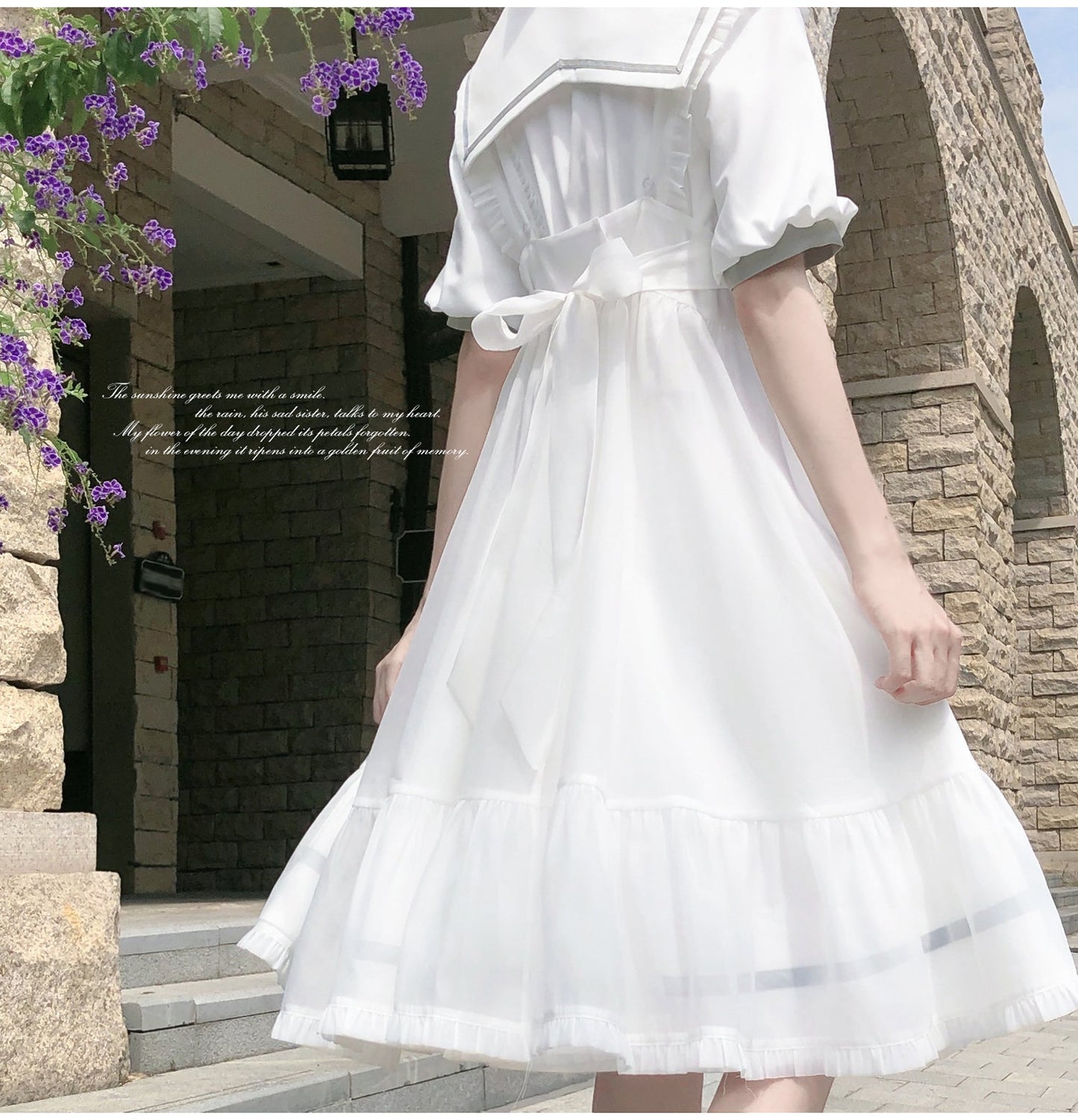 Tie Collar Puff + Sleeve Sailor Haori Tulle Dress Ribbon + Badge Overskirt