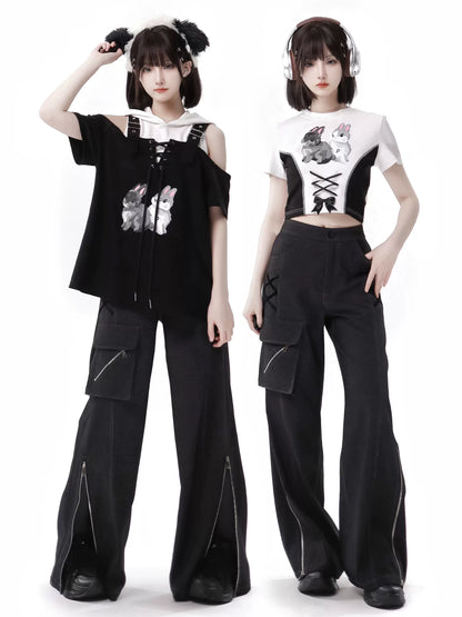 Summer Design Straps Pants Rabbit Off-Shoulder Black White Hoodie Tops Suit