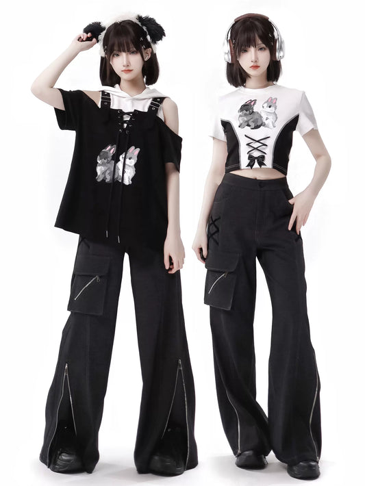 Summer Design Straps Pants Rabbit Off-Shoulder Black White Hoodie Tops Suit