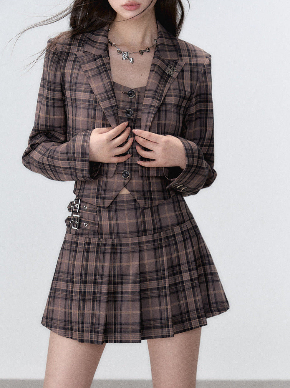 Retro Suit Piece Sleep Style Skirt Pleated Jacket College Vest