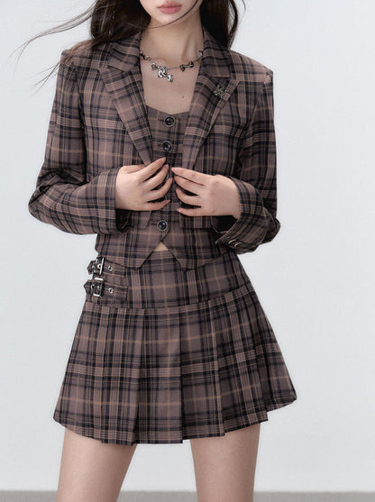 Retro Suit Piece Sleep Style Skirt Pleated Jacket College Vest