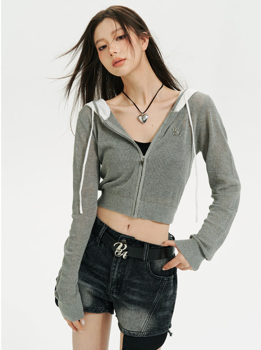 Kurzer/langer Hoodie aus transparentem Netzstrick mit Reißverschluss