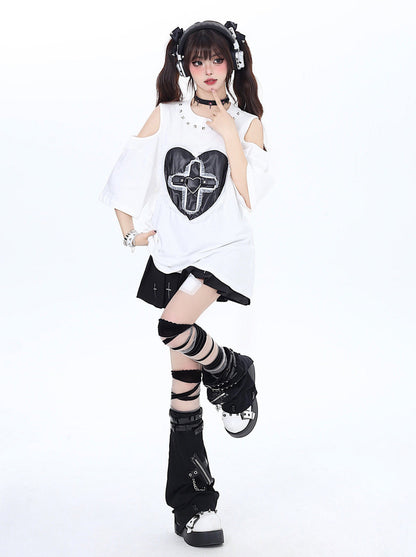 ダークリベットレースTシャツ ラブルーズオープンシェルダー