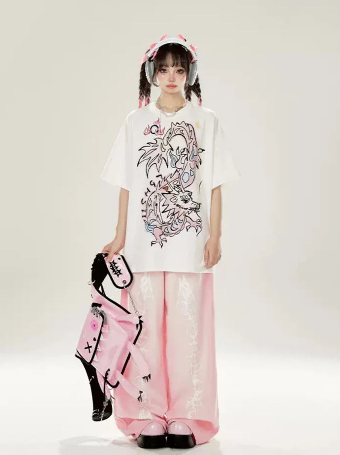 ストレートルーズドラゴンピンクワイドエレメントデニム