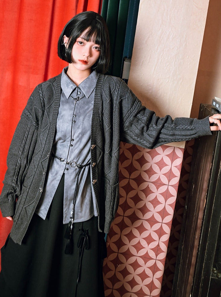 プリントスエードチャイナドラゴンシャツレトロ