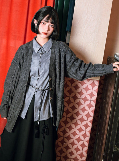 プリントスエードチャイナドラゴンシャツレトロ