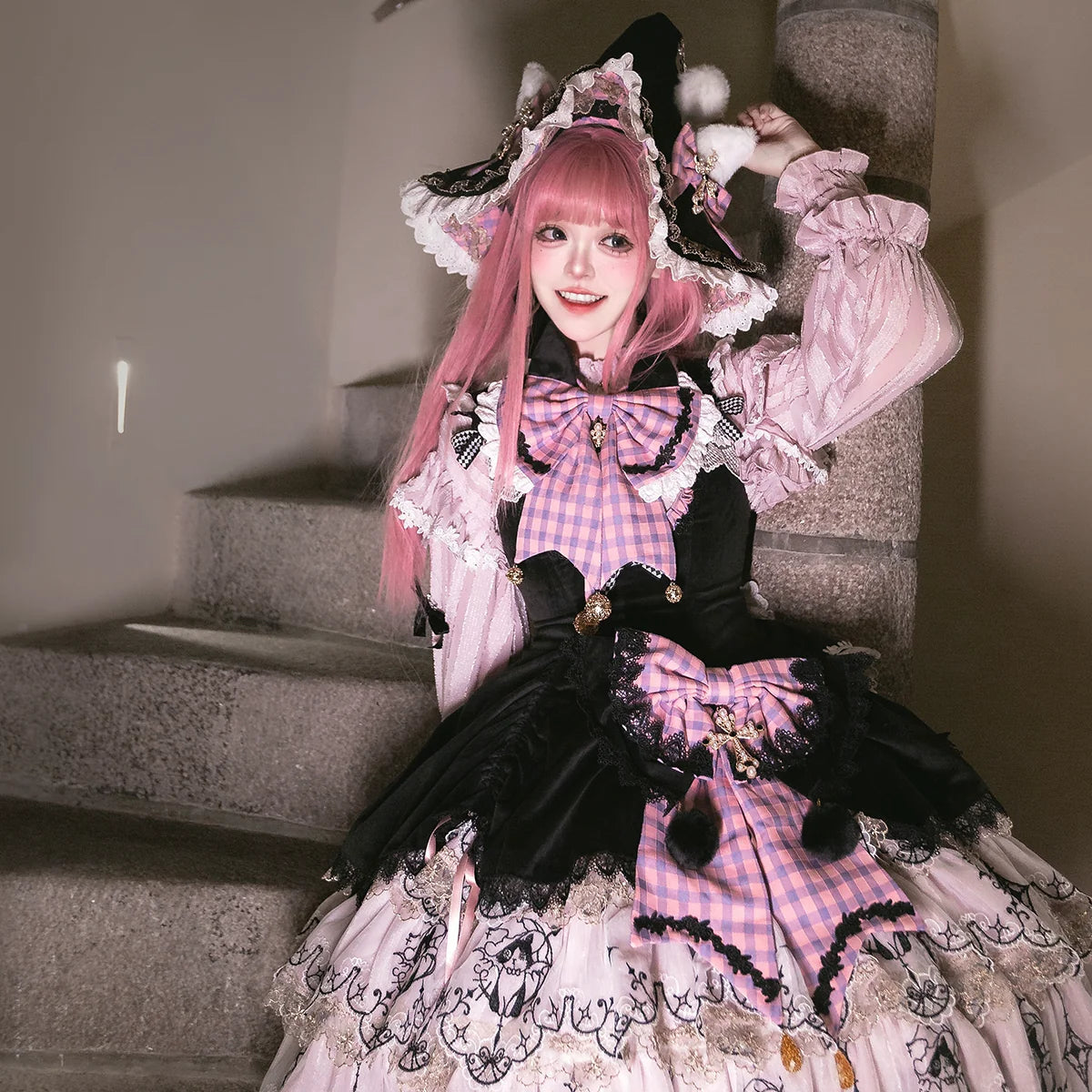 Pink and purple Cat Witch JSK and blouse styled on a model