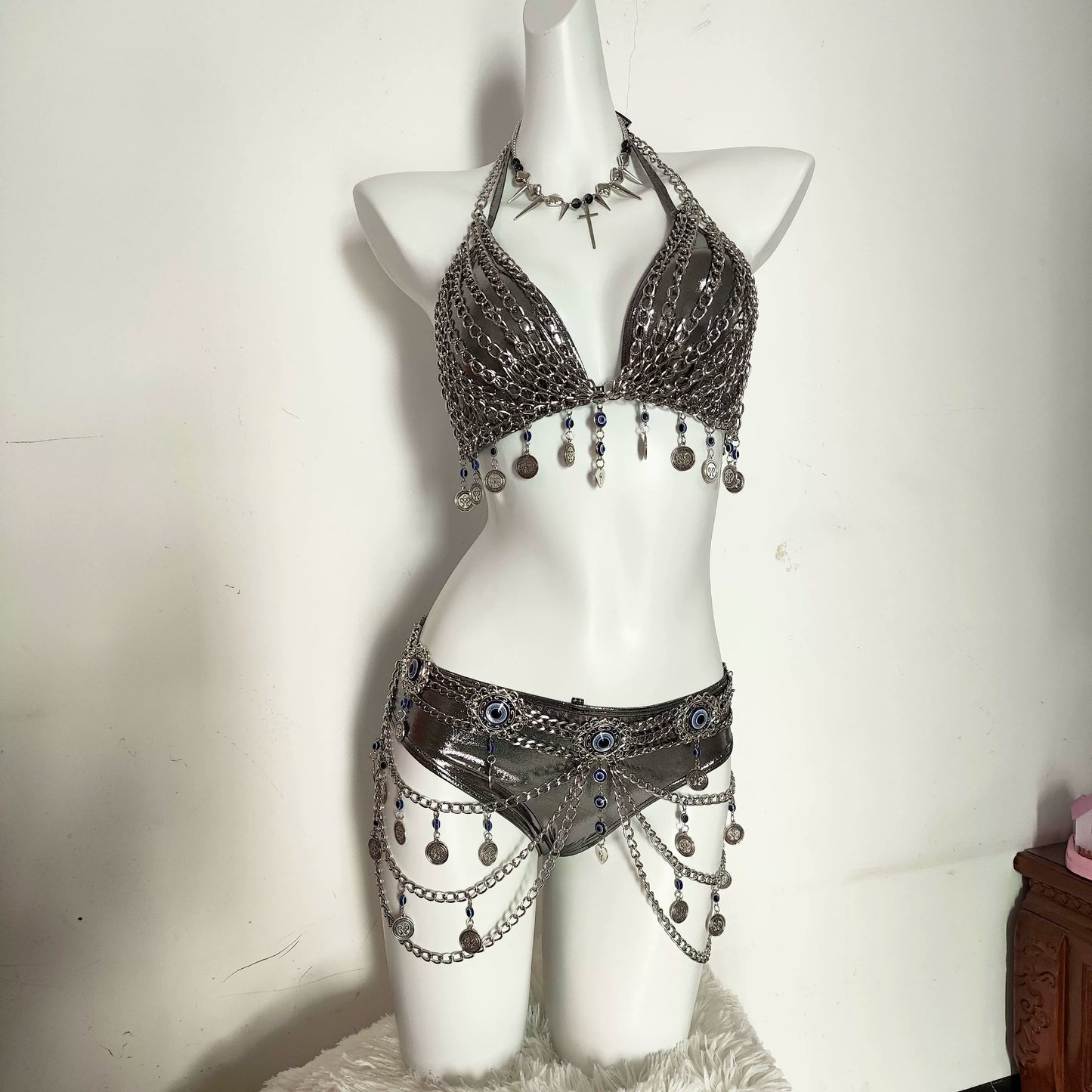 Punk Y2K Hottiepure Desire Silver Chain Bra Waist Set