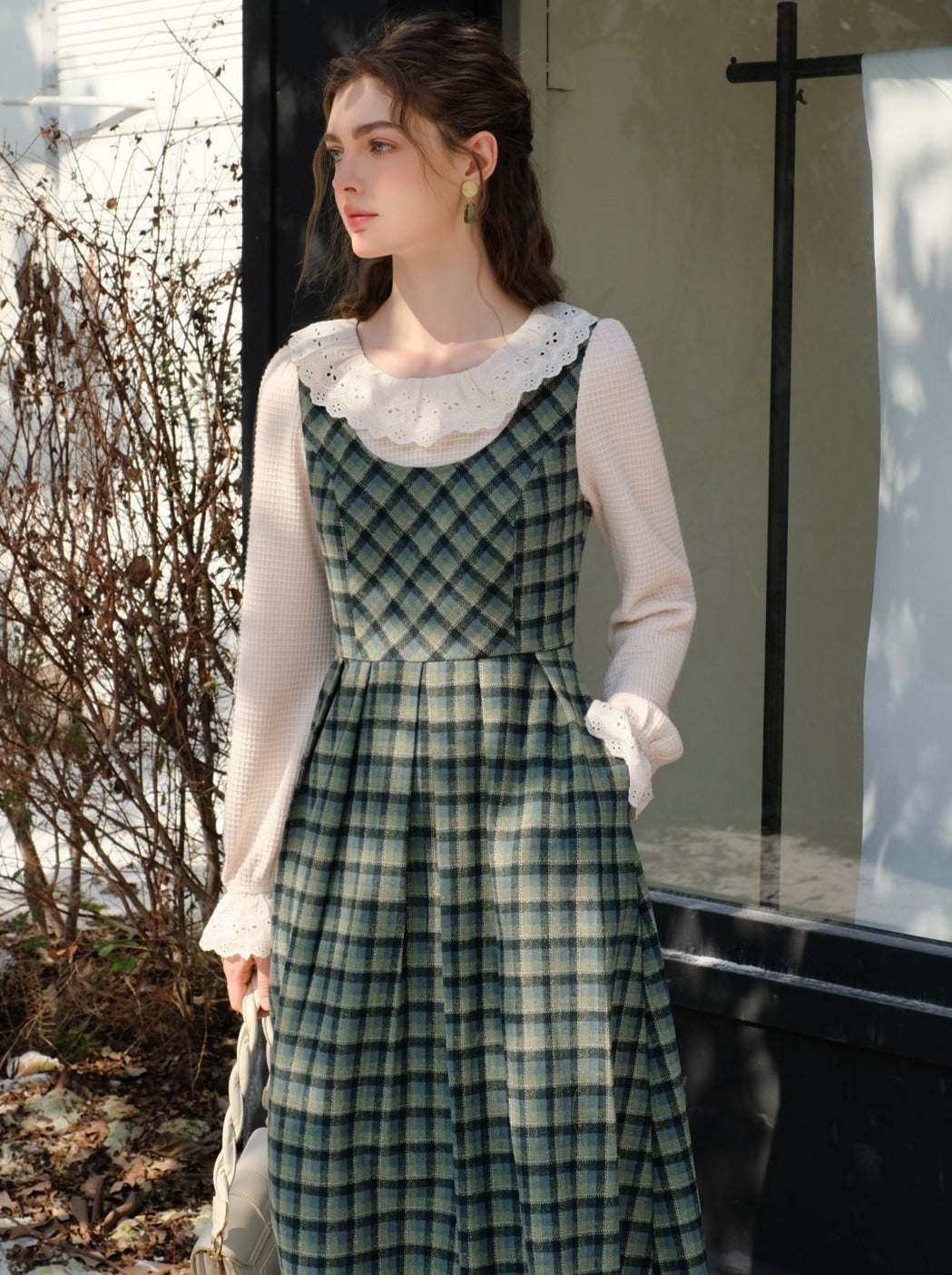 カラースカート レトロ サスペンダー グリーン チェック フリル ブラウス レース