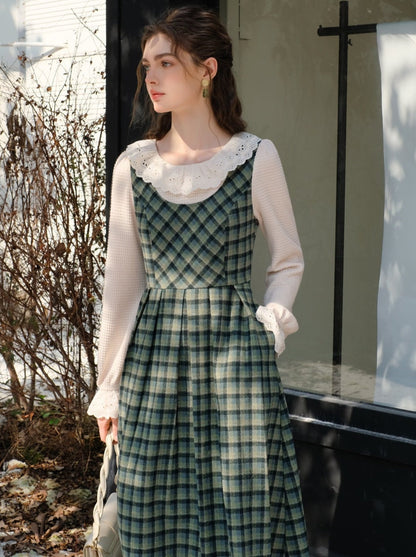 カラースカート レトロ サスペンダー グリーン チェック フリル ブラウス レース