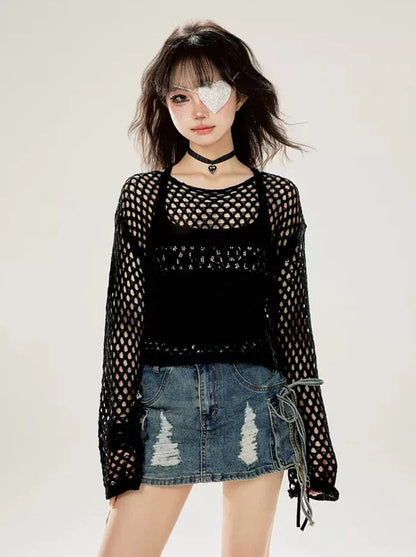 プルオーバー ブラック シアー ルーズニット カットアウト