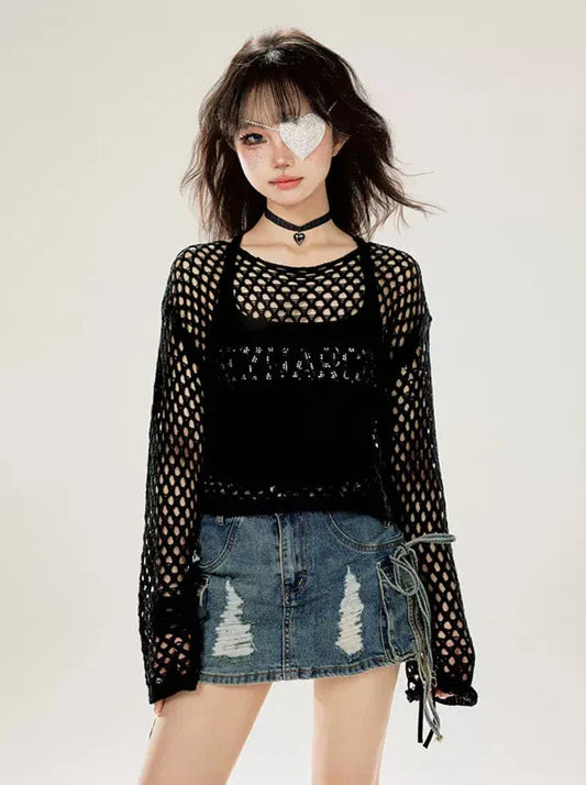 プルオーバー ブラック シアー ルーズニット カットアウト