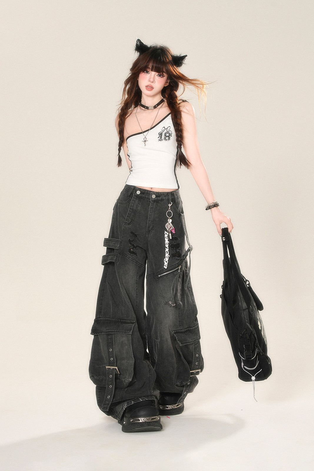 ストリートハイワイドリップデニムパンツ