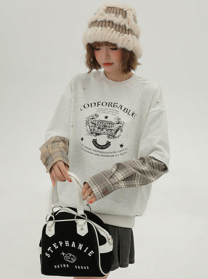 Sleeve Pullover Check American Sweat Faux Two-Piece Asymmetrical