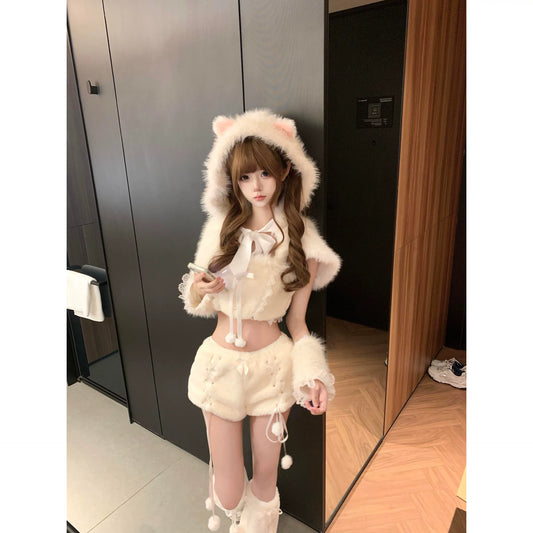 Fluffy Rabbit Eart Short Hooded Cape + Cami + Shorts Sweet Set