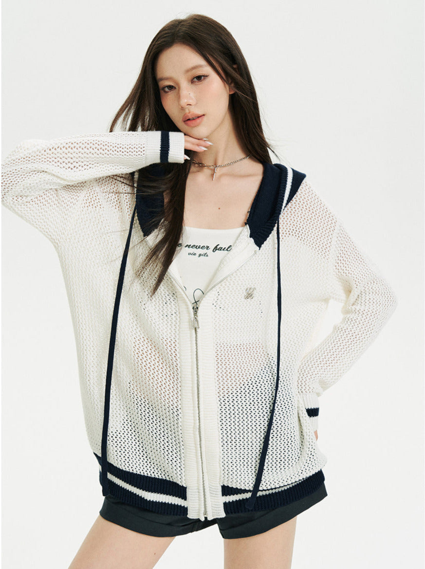 Kurzer/langer Hoodie aus transparentem Netzstrick mit Reißverschluss