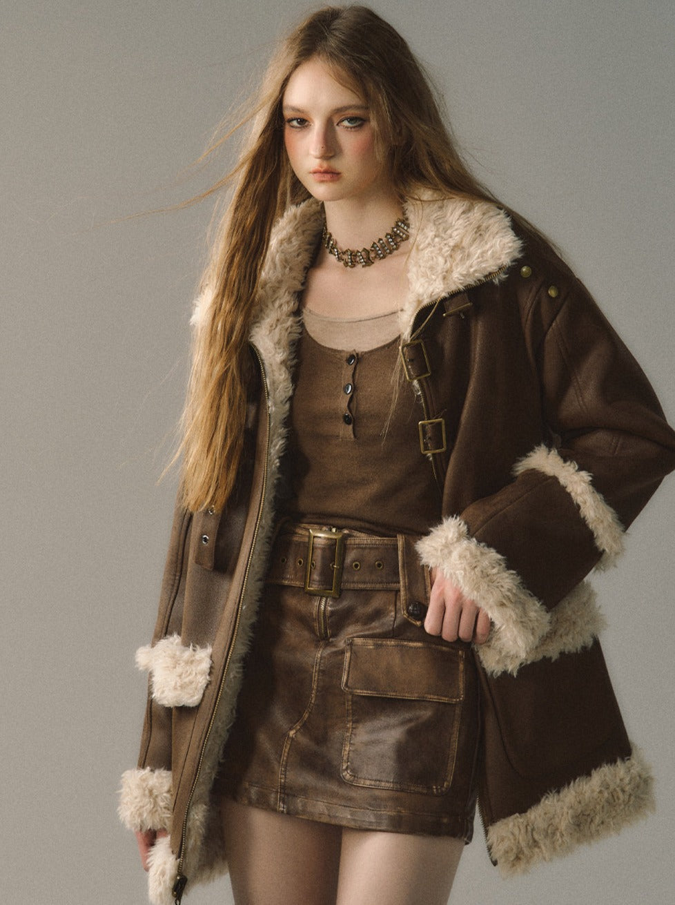 Reversible Fur Leather Coat + Ruffle Off-Shoulder Dress