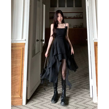 Black Asymmetric Spaghetti Strap Dress - A-Line Silhouette (M-4XL)
