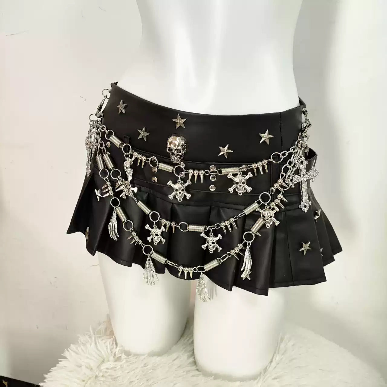 Gothic Punk Y2K PU Leather Pleated Skirt Skeleton Chain Short Skirt