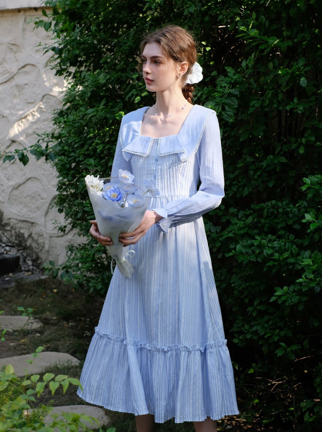 フレンチストライプフリルクイーンラペルサニードレスコースト