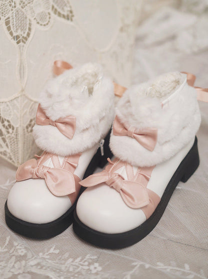 Boots Snow Mid Velvet Color Lolita Block Short Ribbon Heel Sweet