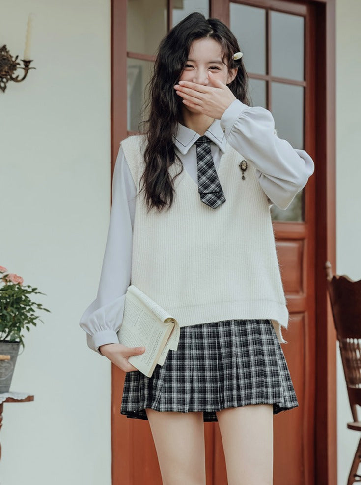 Vest College Skirt Colored Checked Knit Retro Shirt