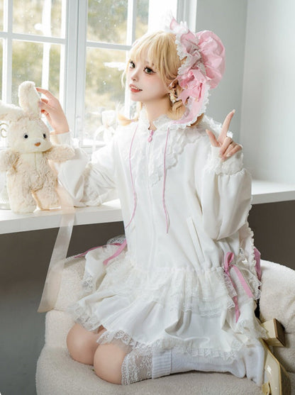 Bow Frilled Big Hooded Girly Long Bunny Dress Ears