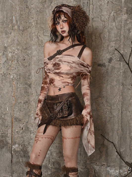 Bedrucktes Top Hot Rose Girl Mesh Bottle Maillard