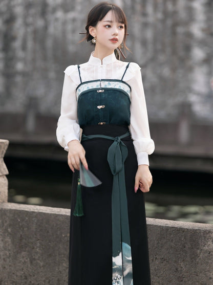 China Hosenträger Bluse Grün Dunkel + Rock + Schal