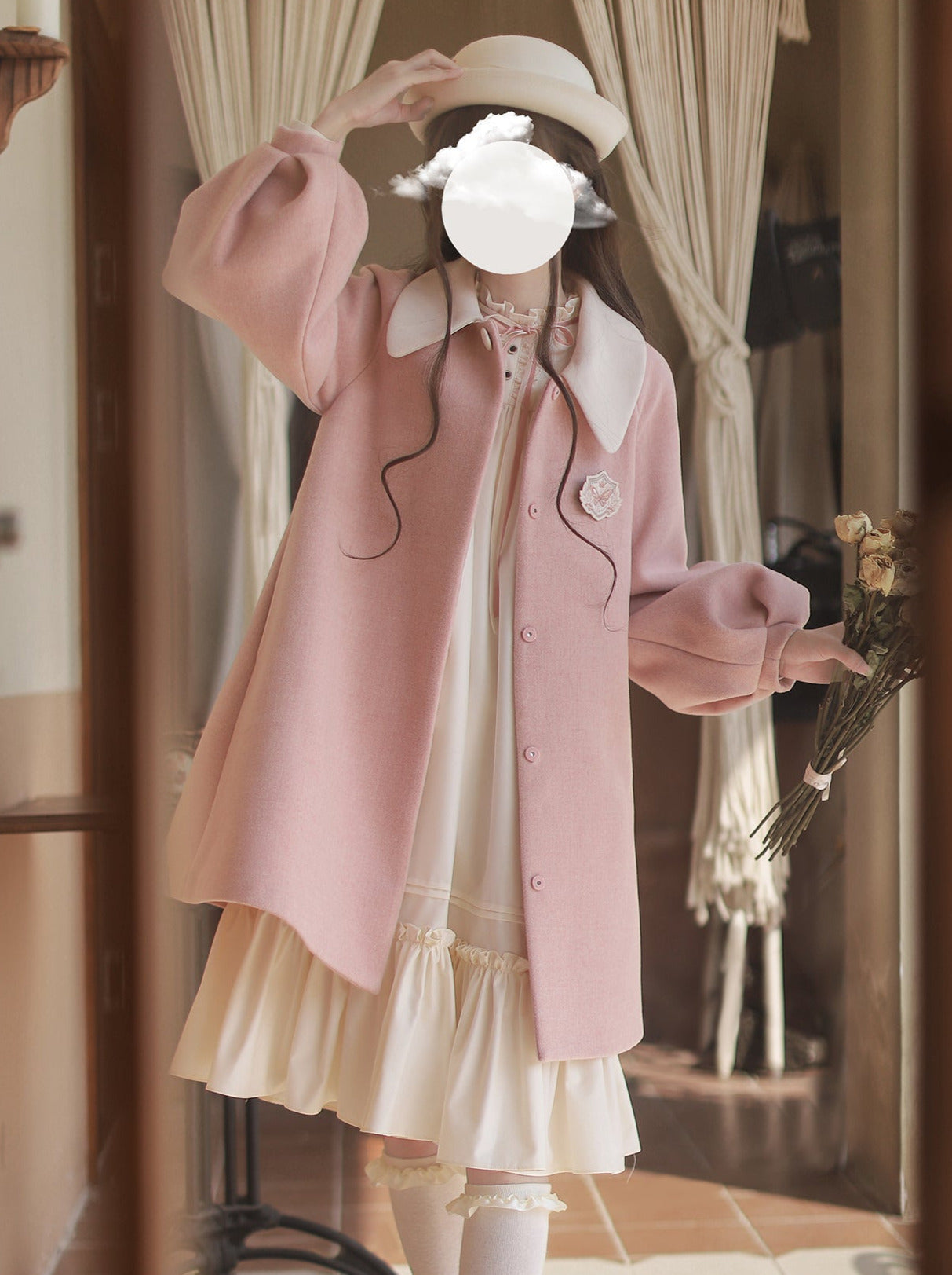 Badge Pink Frilled Doll + Lolita + Dress Off-White Coat Collar