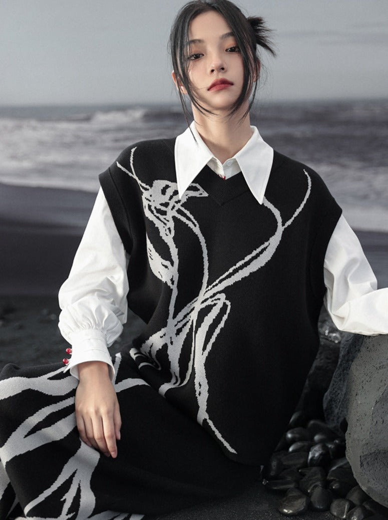 Knit Vest Flower Loose Contrast