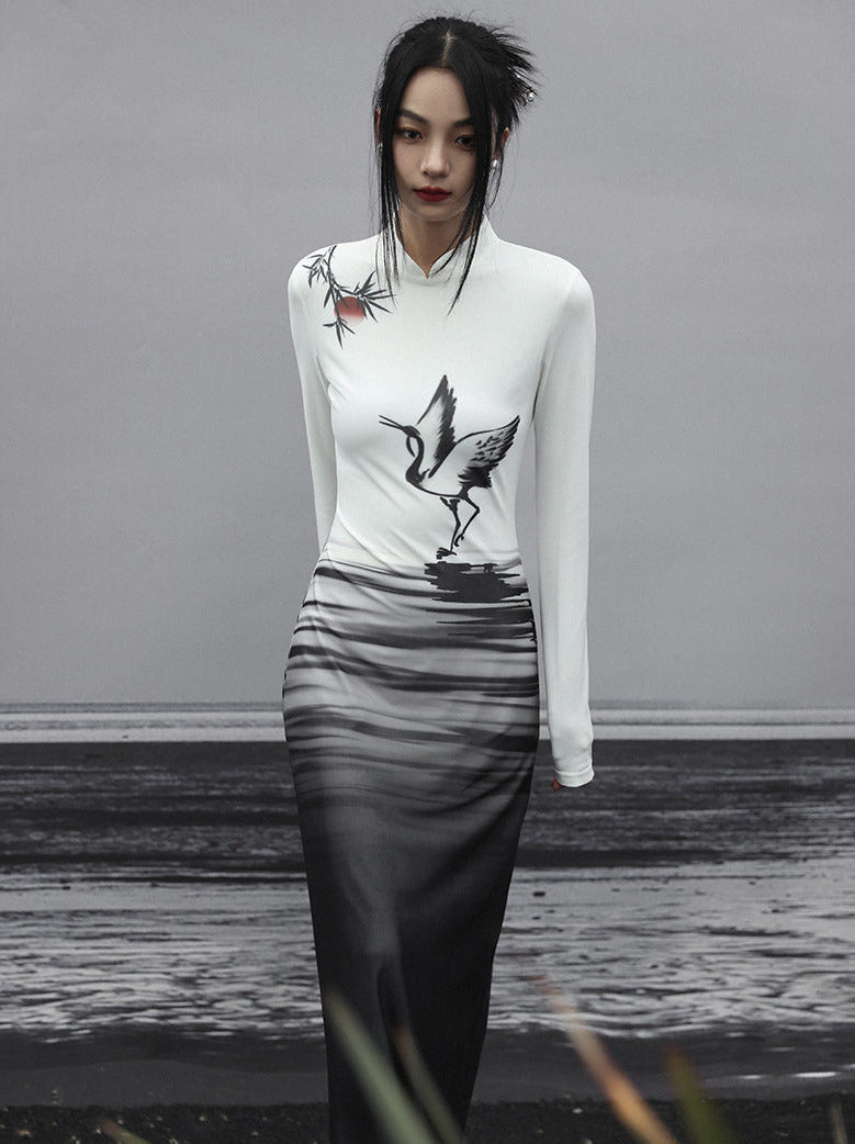 Langes Kleid Malerei Strick Slim China Print Tinte