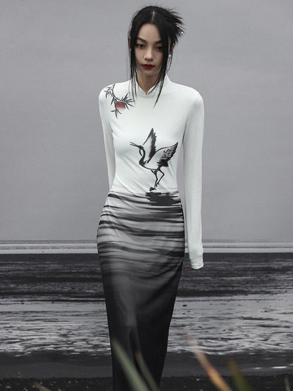 Langes Kleid Malerei Strick Slim China Print Tinte