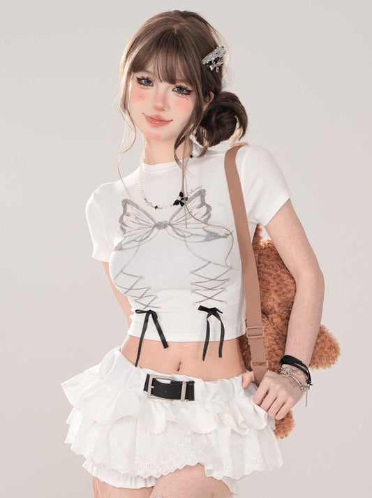 デザインTシャツ ショート スリム リボン