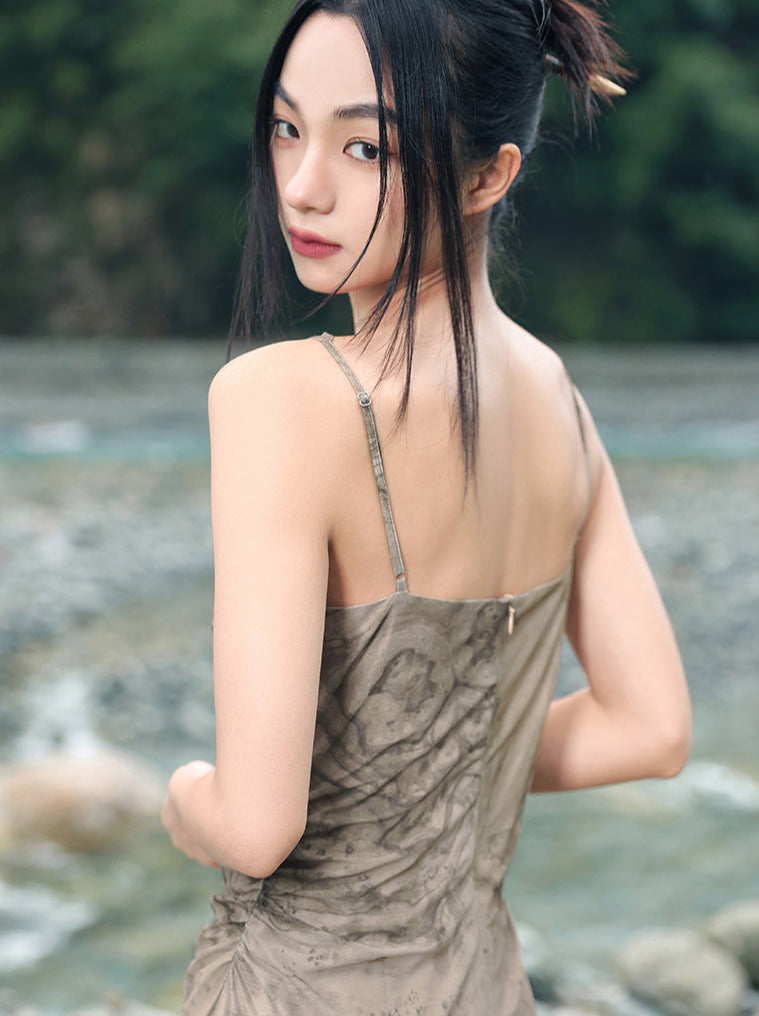 Print Suspender Draped Dress Retro Dark