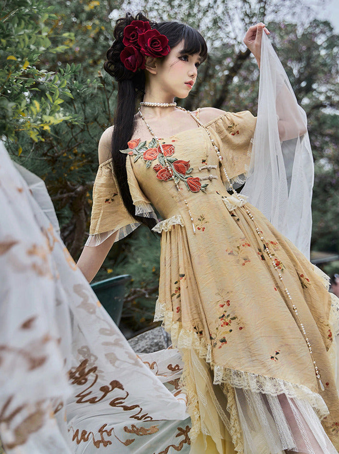 Elegante Träger Quadratischer Kragen Rose Off-the-Shoulder Kleid Unregelmäßig