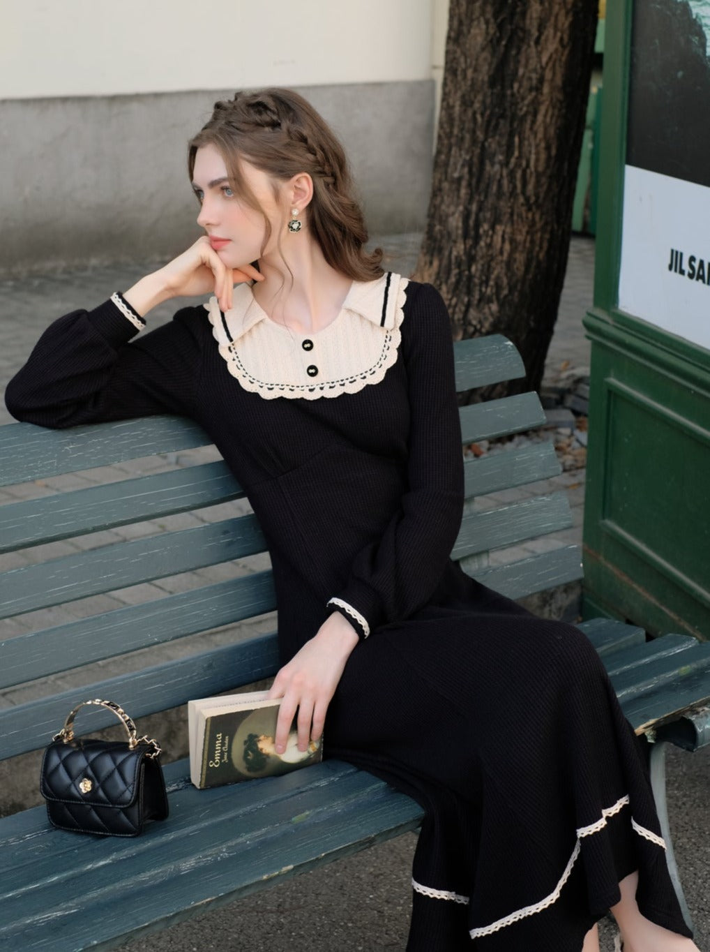 スプライシングブラックフレンチロングドレスラペルクイーンセレナーデニットクラシック