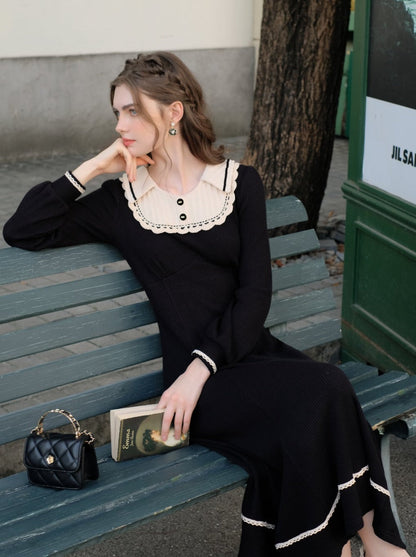 スプライシングブラックフレンチロングドレスラペルクイーンセレナーデニットクラシック