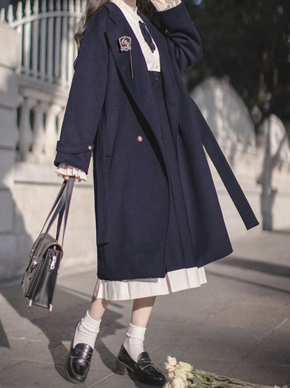 カレッジダブルブレストウールエレガントコクーンコート（ブルー）