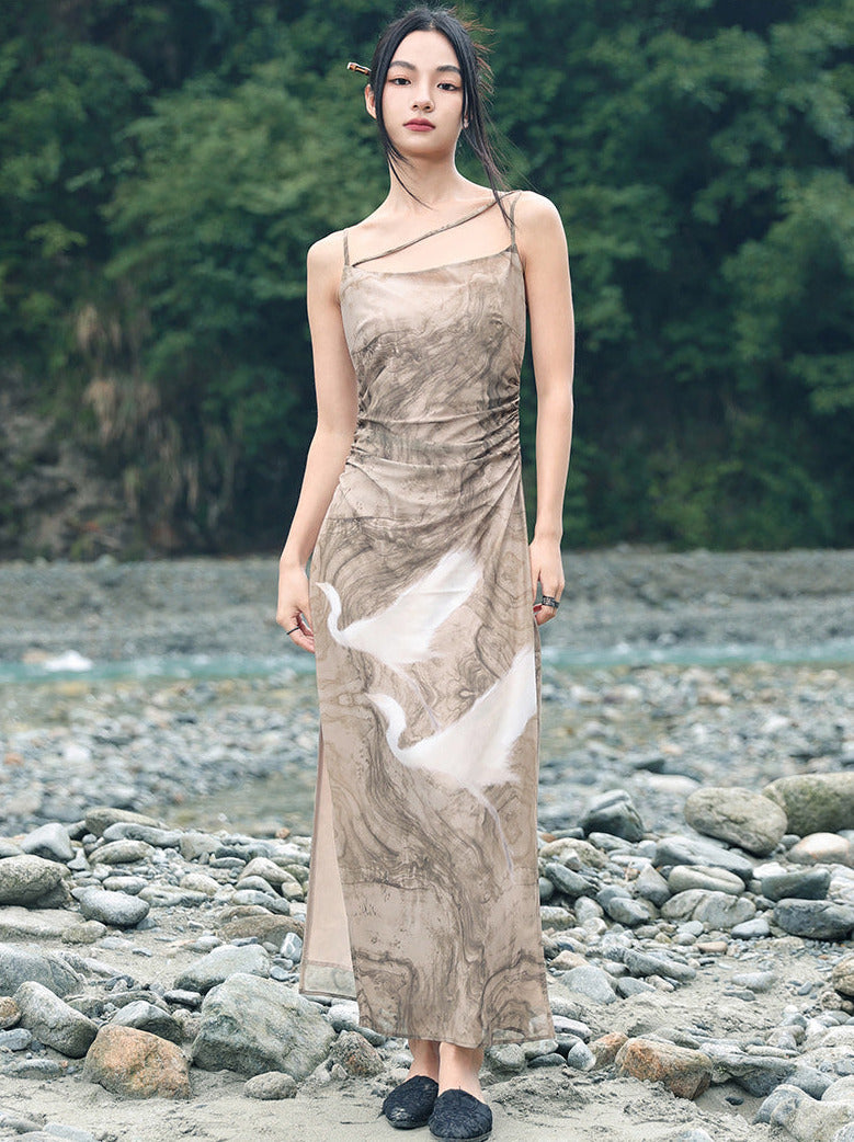 Print Suspender Draped Dress Retro Dark