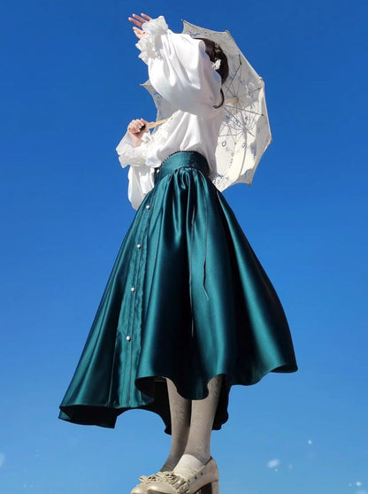 Elegant Frill Lace Blouse + Satin Long Flare Skirt
