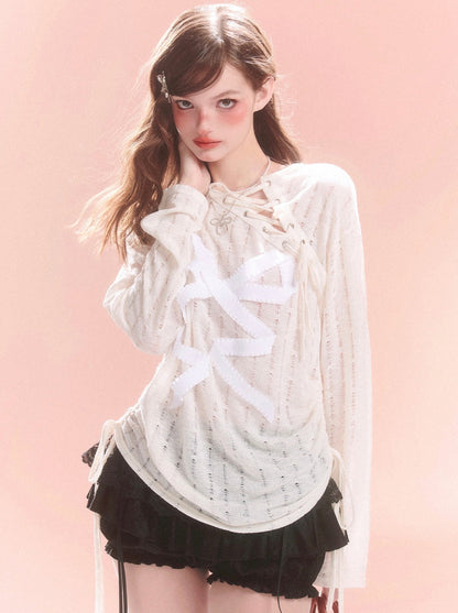 Transparentes, asymmetrisches Spitzenoberteil mit Schleife